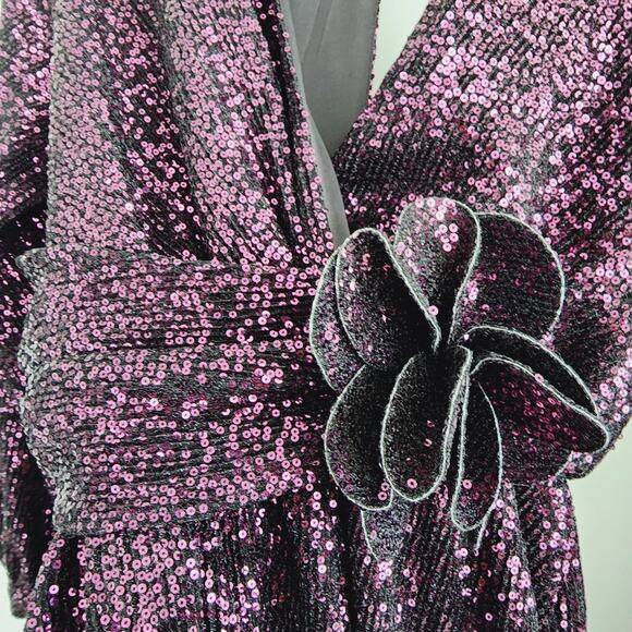 Zara Purple Sequin Romper Shorts Long Sleeve V-Neck Floral Detail Medium - Picture 9 of 10